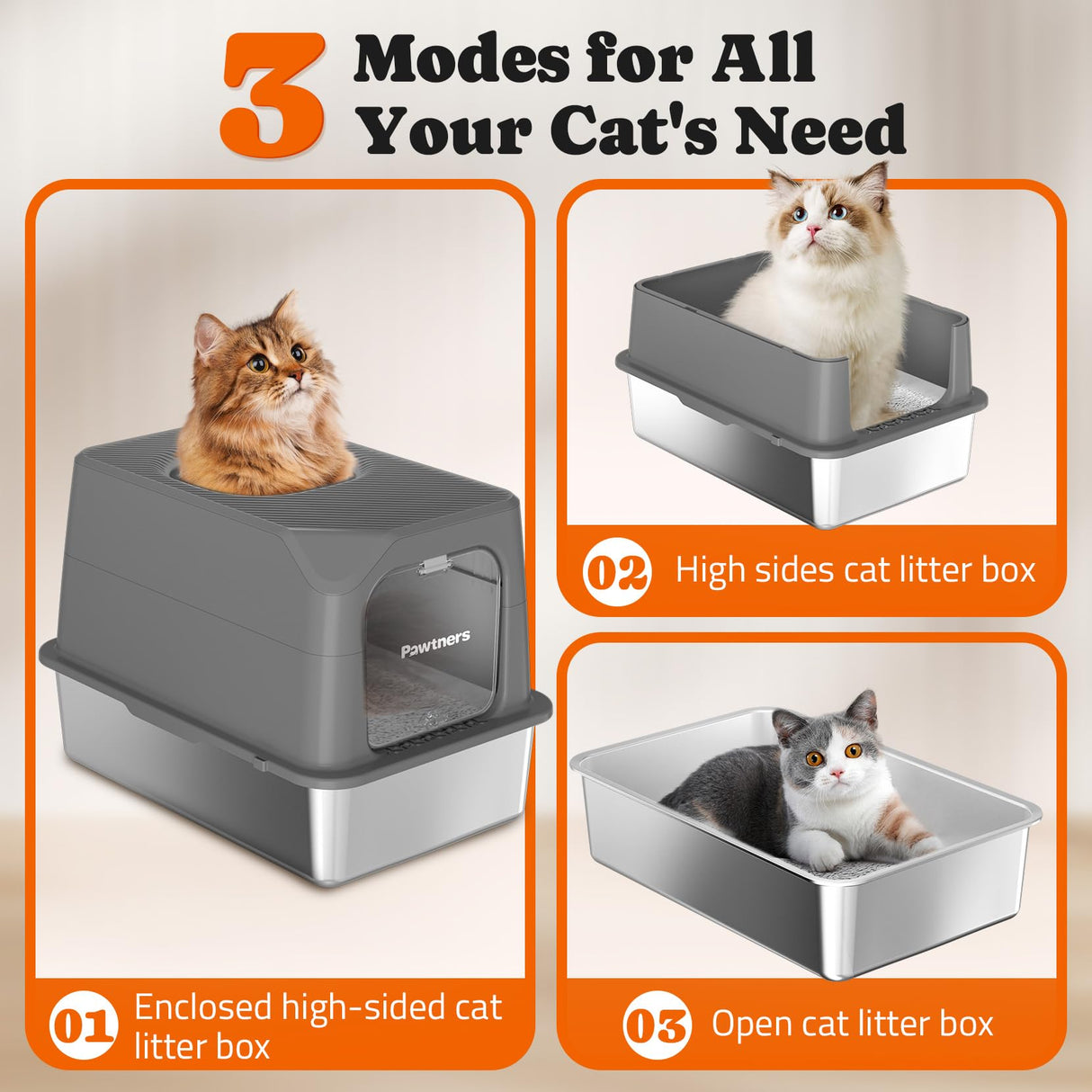 Pawtners Stainless Steel Cat Litter Box, XL Extra Large Kitty Litter Pan, Front Entry Top Exit Hooded Metal Cat Toilet for Odor Control with Removable Lid & Scoop, Anti-Leakage, Easy to Clean Pawtners