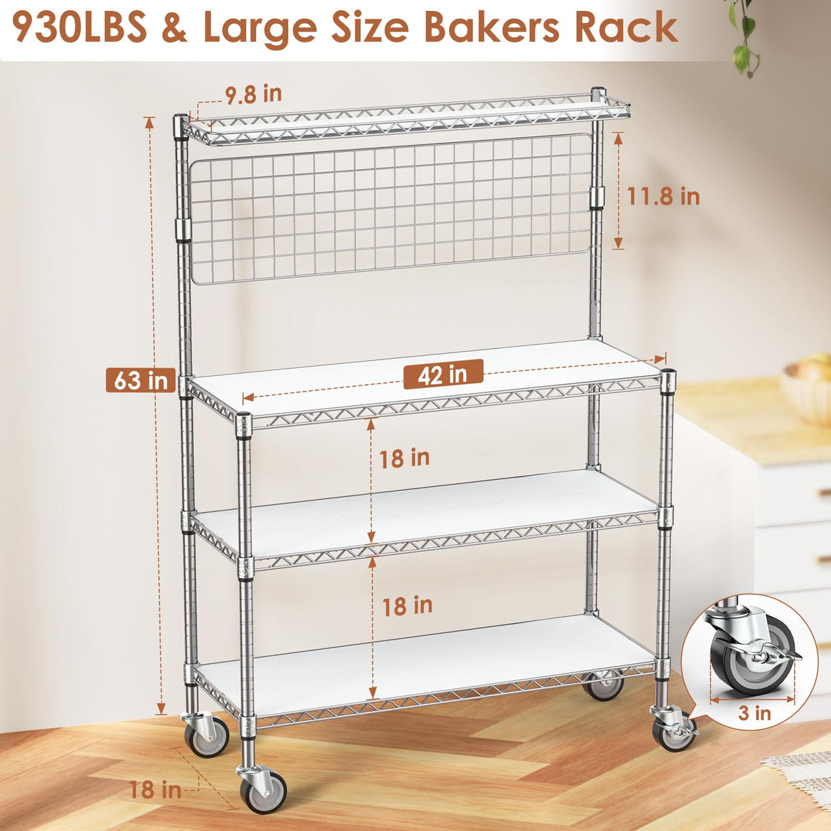 Leteuke Bakers Rack with Storage & Wheels, 42 Inch Microwave Stand Kitchen Shelves, 4-Tier Heavy Duty Storage Rack with 20 S-Hooks, Commercial Metal Utility Kitchen Cart, 42× 18× 63 Inch, Chrome Leteuke