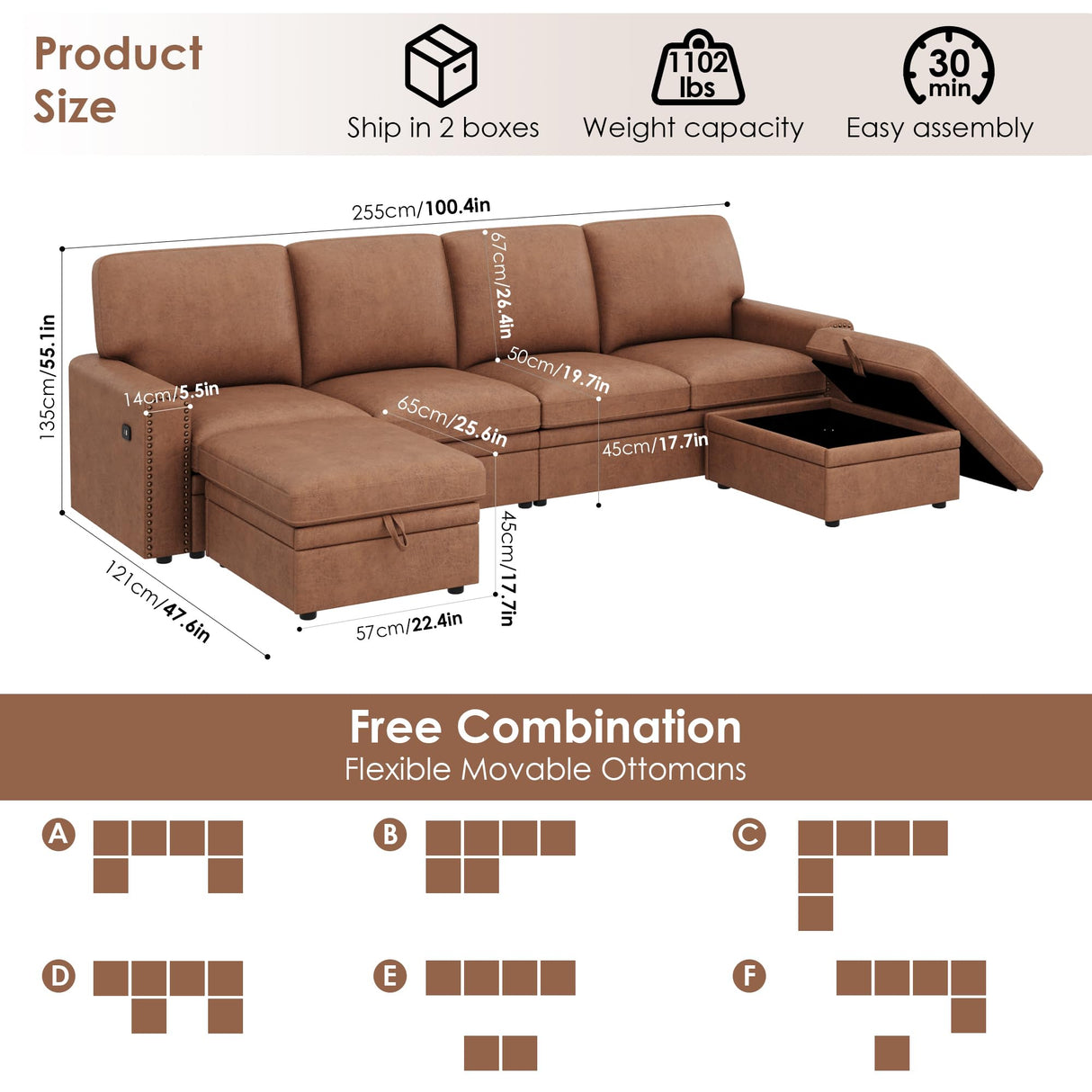 HIFIT 101" W Sectional Sofa with Storage Seats and USB Ports, 6 Seater U Shaped Sectional Couch with Double Chaise, Brown Leather Sofa Couches for Living Room, Small Sofa HIFIT