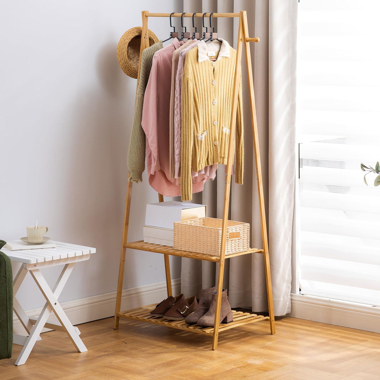 SHUOXIANG Bamboo Clothing Rack with Top Hanging Garment Rod, 2 Side Hooks & Bottom 2-Tier Shelves – Space-Saving Organizer for Clothes, Hats, Bags & Shoes SHUOXIANG