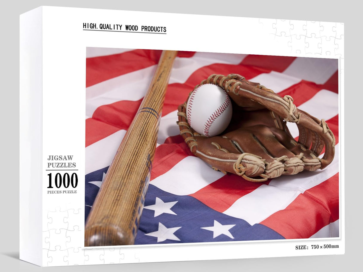 Baseball and Glove on American Flag 1000 Pieces Wooden Jigsaw Puzzles Personalized Photo Puzzle for Adults Friends Picture Puzzle Gifts for Wedding Birthday Valentine's Day Home Decor FANGKISSU