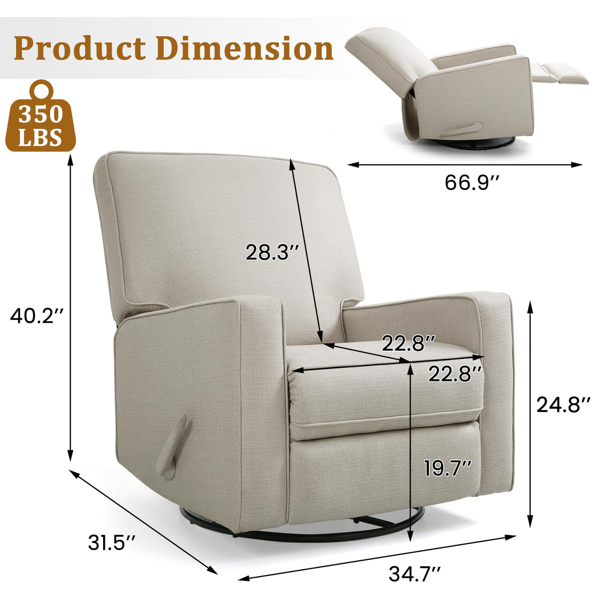 KeyEnergy Swivel Rocker Recliner Chair for Adults, High Back Fabric Recliner with Deep Seat, Manual Glider for Living Room & Nursery, Beige KeyEnergy