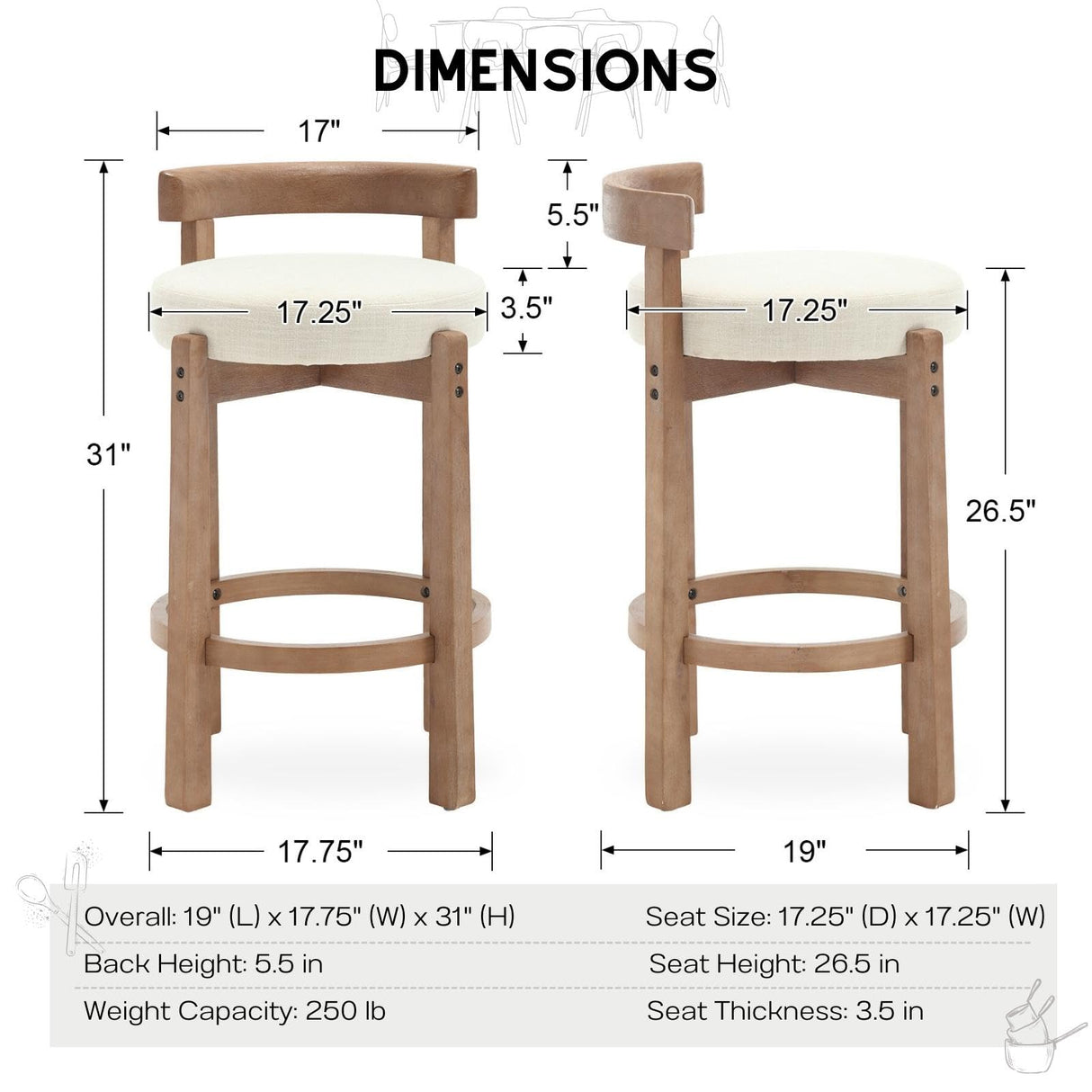 HEAH-YO Mid Century Modern Bar Stools Set of 2, 26.5" Counter Stools with Back, Linen Upholstered Barstools with Solid Wood Legs Bar Chairs for Kitchen Island Dining Room, Beige HEAH-YO