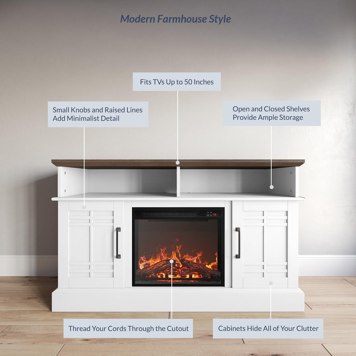 BELLEZE 48" TV Stand with 18" Electric Fireplace Heater, Modern TV Stand for TVs up to 50", Entertainment Media Stand with Open Shelves and Storage Cabinets for Living Room, Bedroom (White) BELLEZE