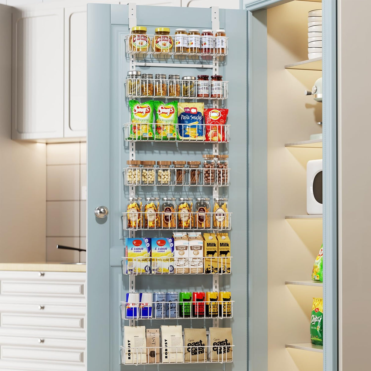 Delamu Adjustable Cabinet Door Organizer, 8-Tier Hanging Spice Rack Organizer, Metal Over the Door Pantry Organizer, Pantry Organizers and Storage Shelves for Kitchen Bathroom Laundry Room, White Delamu