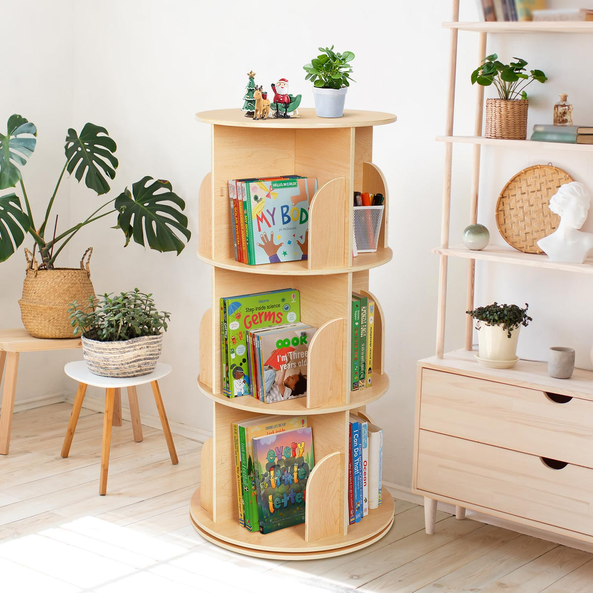 OOOK 360° Rotating Corner Bookshelf – Compact 3 Tier Wooden Storage Rack for Small Spaces OOOK