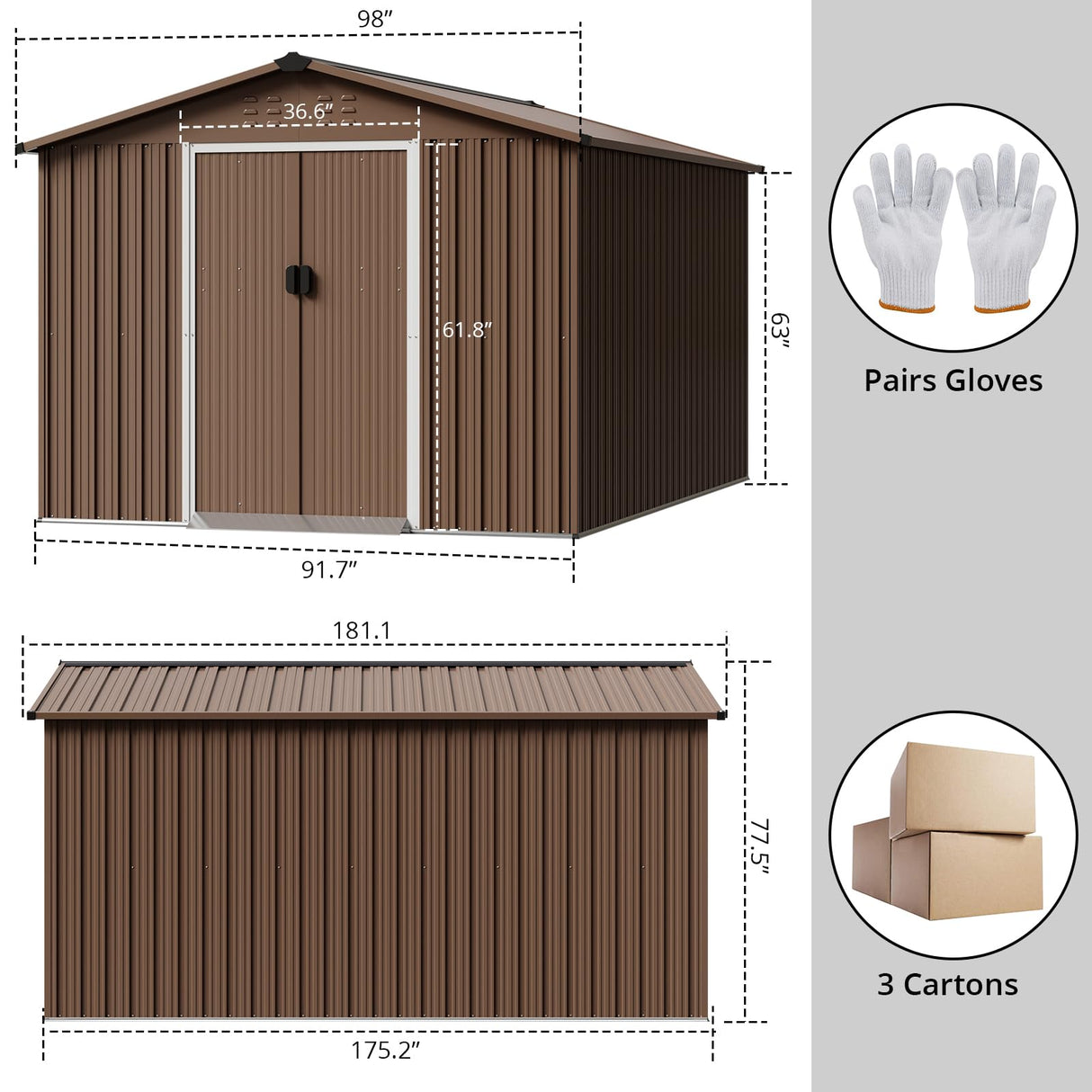 Garveelife 8x15 ft Outdoor Storage Shed, Steel Utility Tool Shed with Sloped Roof & Lockable Door, Backyard Garden Patio Lawn Outdoor Shed for Storing Tools and Equipment in Yard, Brown GarveeLife
