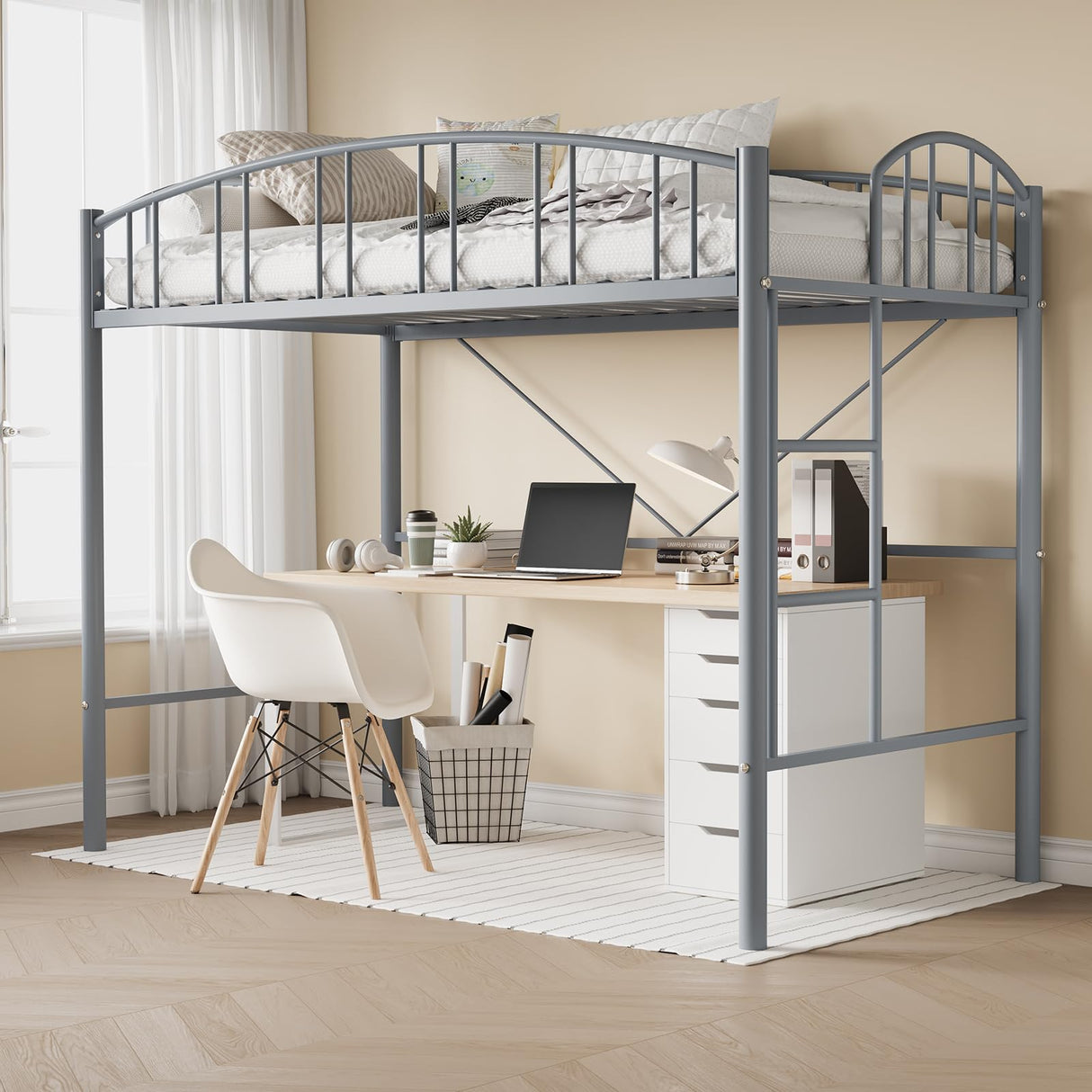 GarveeHome Loft Bed Twin Size, Heavy Duty Metal Loft Bed Frame with Arched Guardrail and Safety Ladder, Space-Saving, No Box Spring Needed, Matte Gray GarveeHome