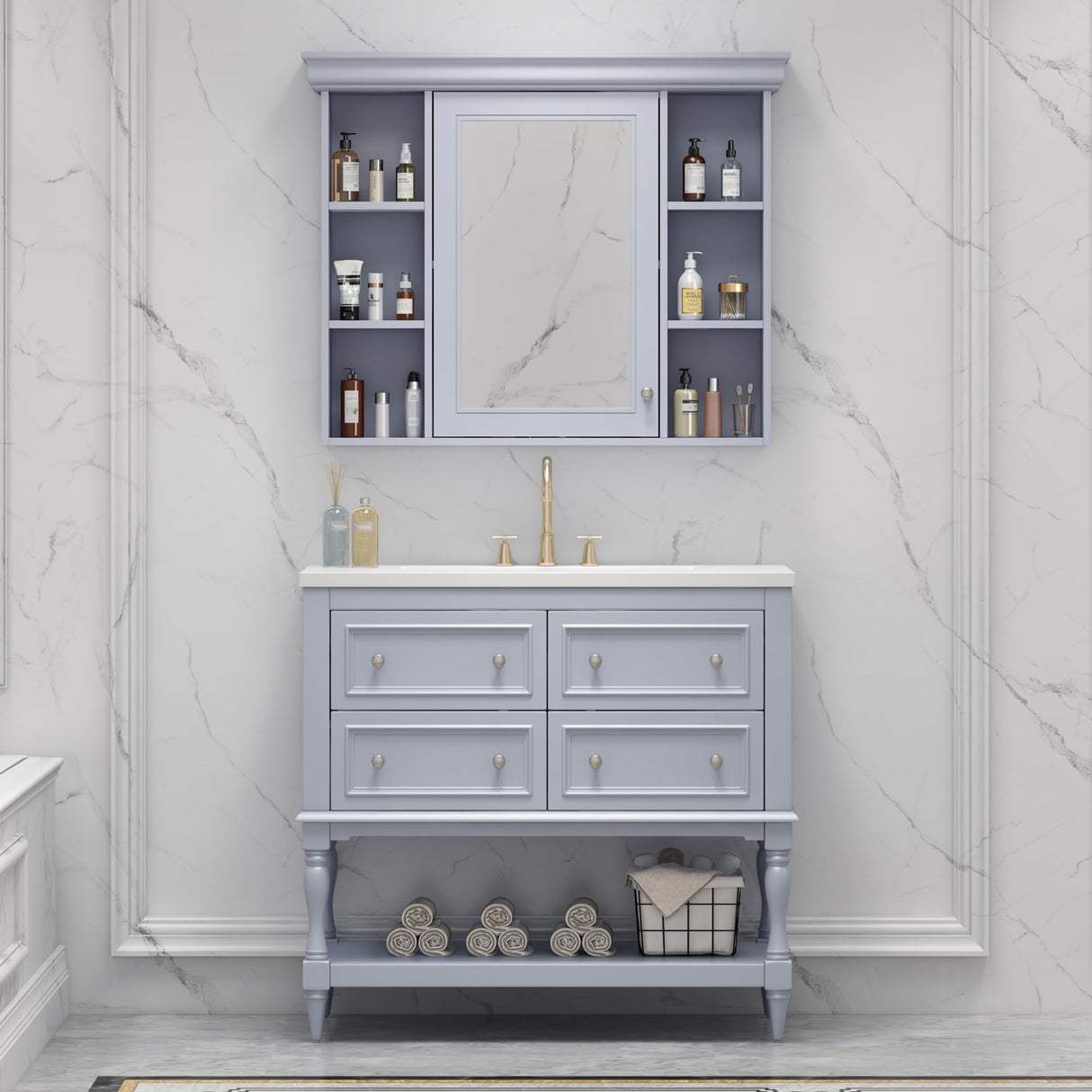 Merax Country 36" Bathroom Vanity with Matching Medicine Cabinet, Farmhouse Bathroom Vanity with Sink Storage Cabinet with 4 Drawers and Open Shelf, Solid Wood Frame Bath Storage Vanity Merax