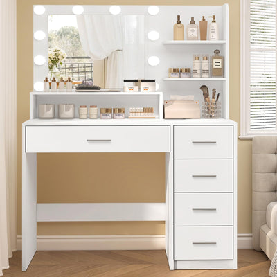 FIONESO Vanity Desk with Mirror and Lights, Makeup Vanity with 5 Drawers and 3 Storage Shelves, 3 Color Modes & Adjustable Brightness Dressing Table, Vanity Desk for Bedroom, White