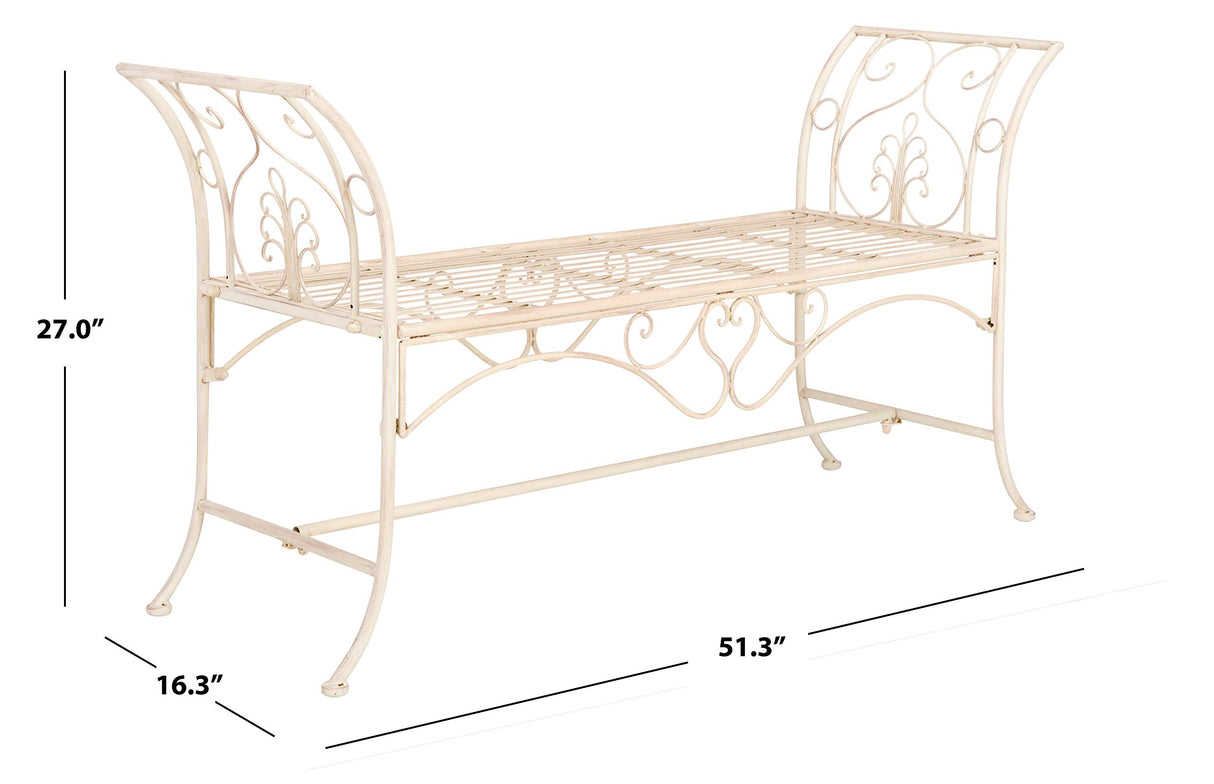 SAFAVIEH PAT5016A Collection Arona Antique White Wrought Iron 51" Outdoor Garden Bench SAFAVIEH