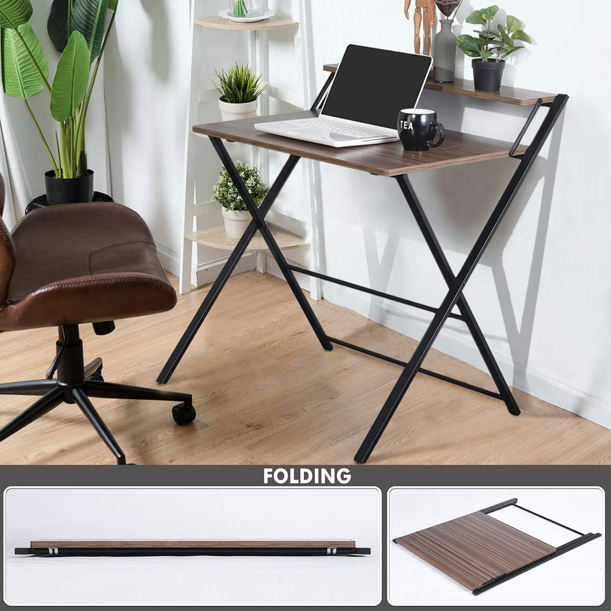 FurnitureR 31.9'' Folding Desk 2 Tier Foldable Writing Table Assembly Saves Space for Home Office Study, Metal Frames/Wood Top Laptop Table Computer Desk, Industrial Brown FurnitureR