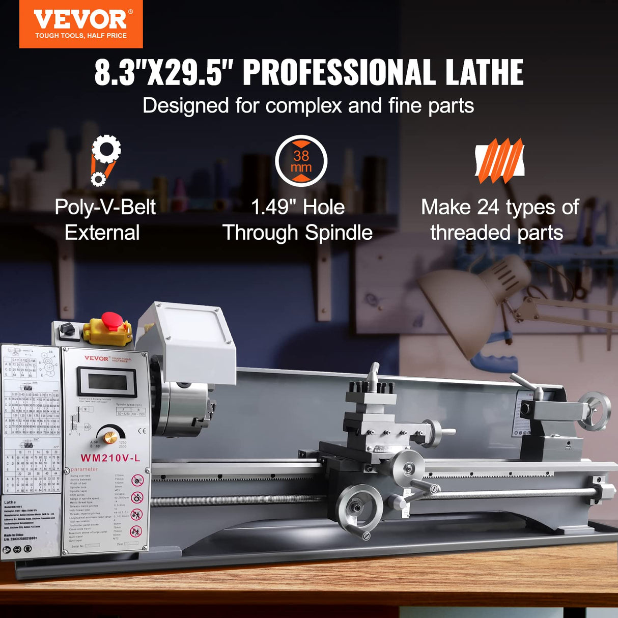 VEVOR Metal Lathe, 8.3'' x 29.5' Benchtop Metal Lathe 0-2500 RPM Continuously Variable Speed 750W Brushless Motor Metal Gears with LCD Display Metal Lathe Machine VEVOR