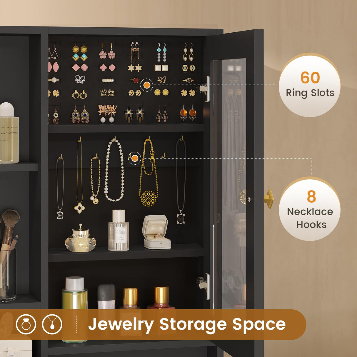 BTHFST Makeup Vanity with Upholstered Stool & Charging Station, Vanity Desk with Mirror and Lights & Jewelry Storage, Vanity Table Set with RGB Lights & 5 Drawers & Shelves, Black & Gold BTHFST