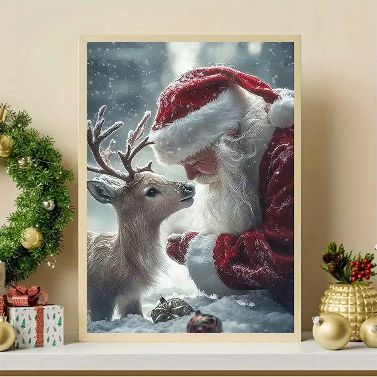 5D Christmas Diamond Art Kits for Adults, Santa Claus and his Little Deer Diamond Painting Kits,DIY Round Full Drill Diamond Dots Gem Art Painting for Home Wall Decor 12 X 16 Inch GEMFAMILY