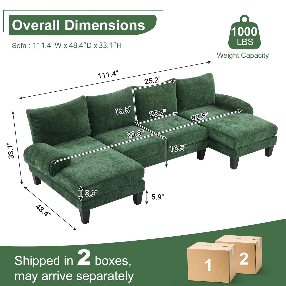Karl home U-Shape Sectional Sofa Couch 111" Modern 4-Seat Sofa with Chaises Chenille Fabric Upholstered Covertible Couch with Wood Grain Legs for Living Room, Reception Room, Apartment, Green Karl home