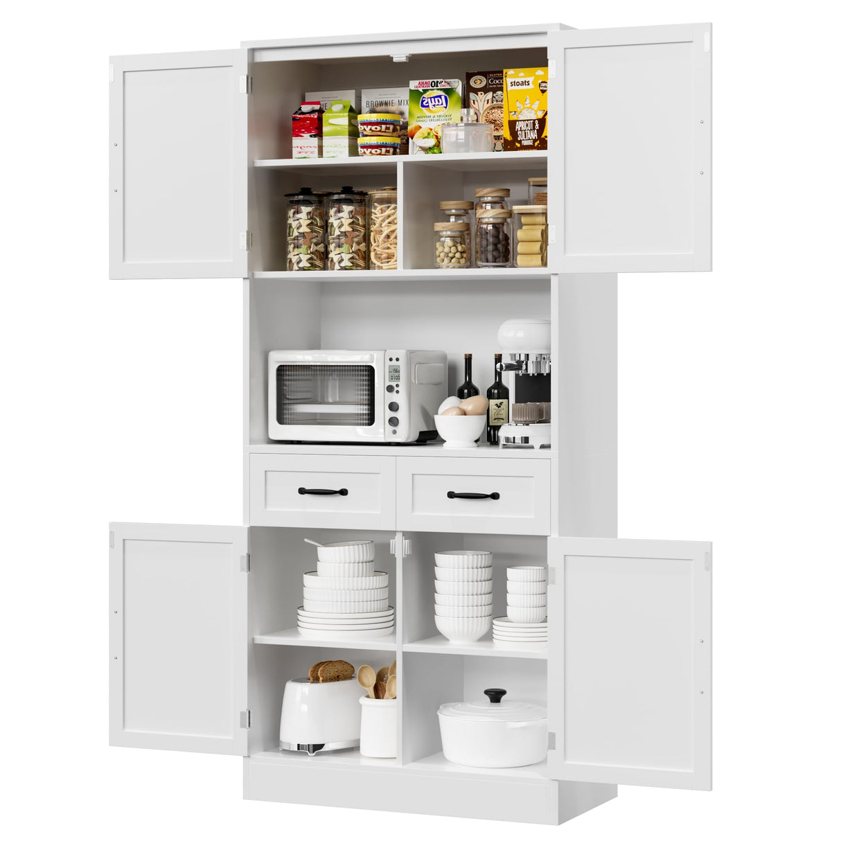 HOSTACK 71β Tall Kitchen Pantry Storage Cabinet, Modern Kitchen Hutch Bar Cabinet with Microwave Stand, Wood Buffet Sideboard with Hutch, Cupboard with Drawers, Shelves for Dining Room, White HOSTACK