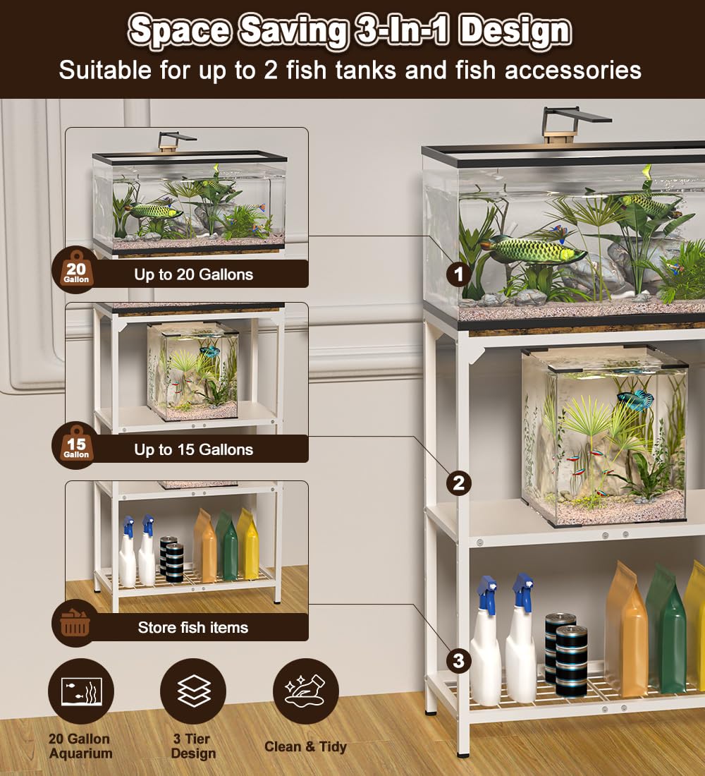 AnBaiMei 20 Gallon Aquarium Stand, Fish Tank Stand with Adjustable 3-Tier Storage Shelf, Heavy Duty Reptile Breeder Turtle Tank Terrarium Rack Table for Home Office, 24" L x 12" W x 32.2" H, White AnBaiMei