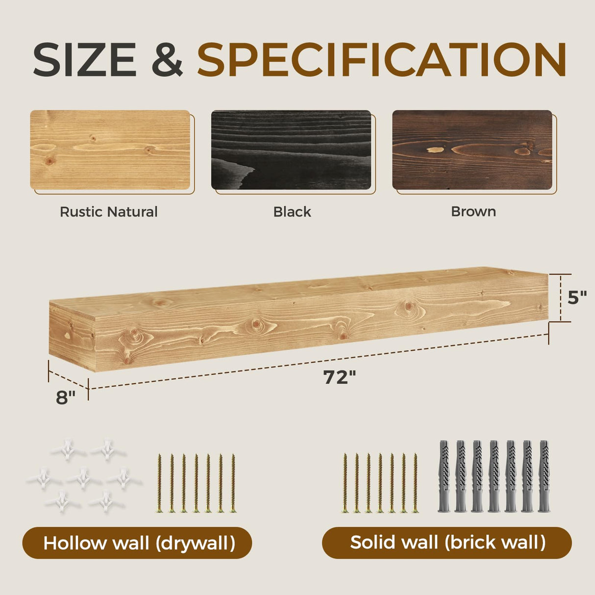 YLYHSST 72" Fireplace Mantel, 5'' Thick Handmade Hollow Solid Wood Wall Long Floating Shelf with Invisible Wood Brackets, Wood YLYHSST