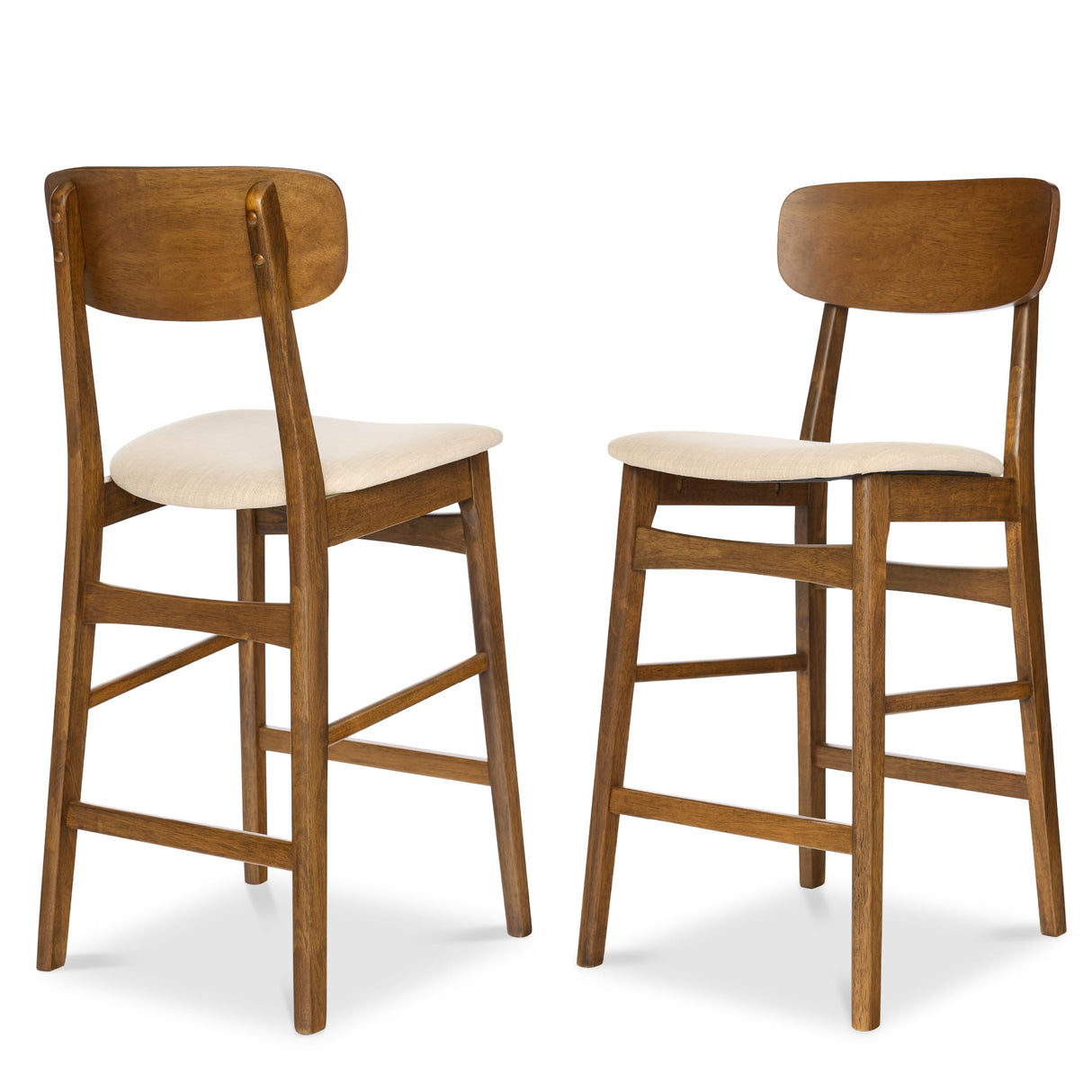Best Choice Products Bar Stool Set of 2, Modern Farmhouse Counter Height Stools w/Armless Upholstered Cushioned Seat, Wooden Curved Backrest - Walnut/Cream Best Choice Products