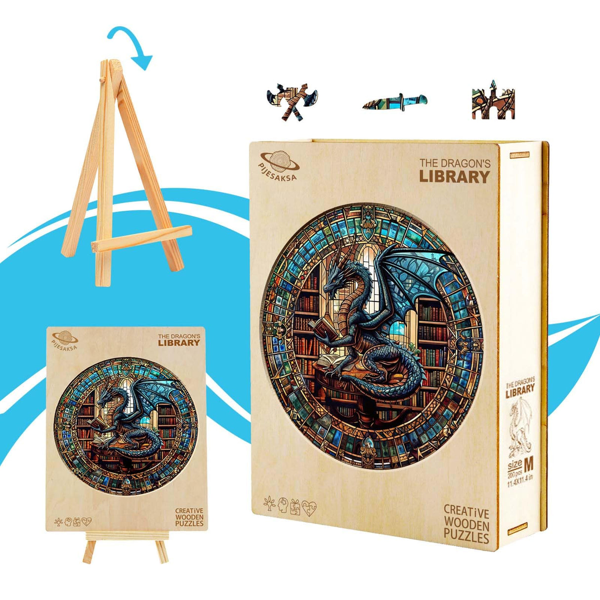 Wooden Puzzles for Adults - Dragon's Library Wooden Jigsaw Puzzles for Adults 200 Pieces, Unique Shape Wooden Dragon Puzzle, Wood Puzzles Adult, Gifts for Friends, Family, Home Decor (M-11.4*11.4 In) Pijesaksa