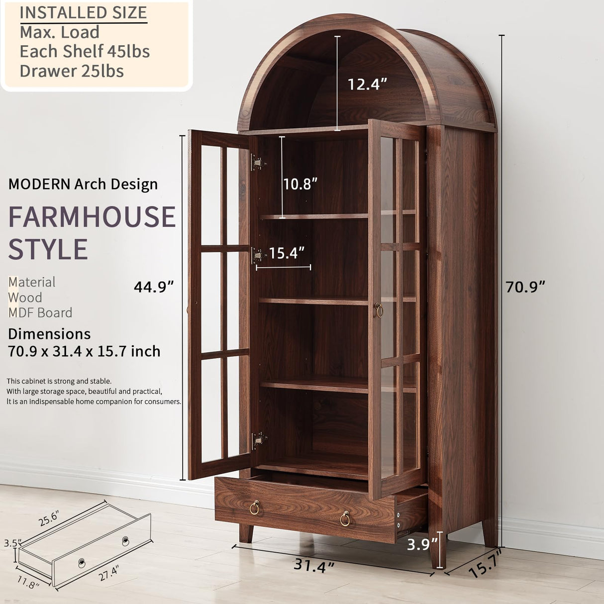 Farmhouse Arched Cabinet with Glass Doors, Wood Display Cabinet with Drawer and Adjustable Shelves, 71” Kitchen Pantry Tall Bookshelf Modern China Cabinet for Living Room,Office (Rustic Brown) RowyPoey
