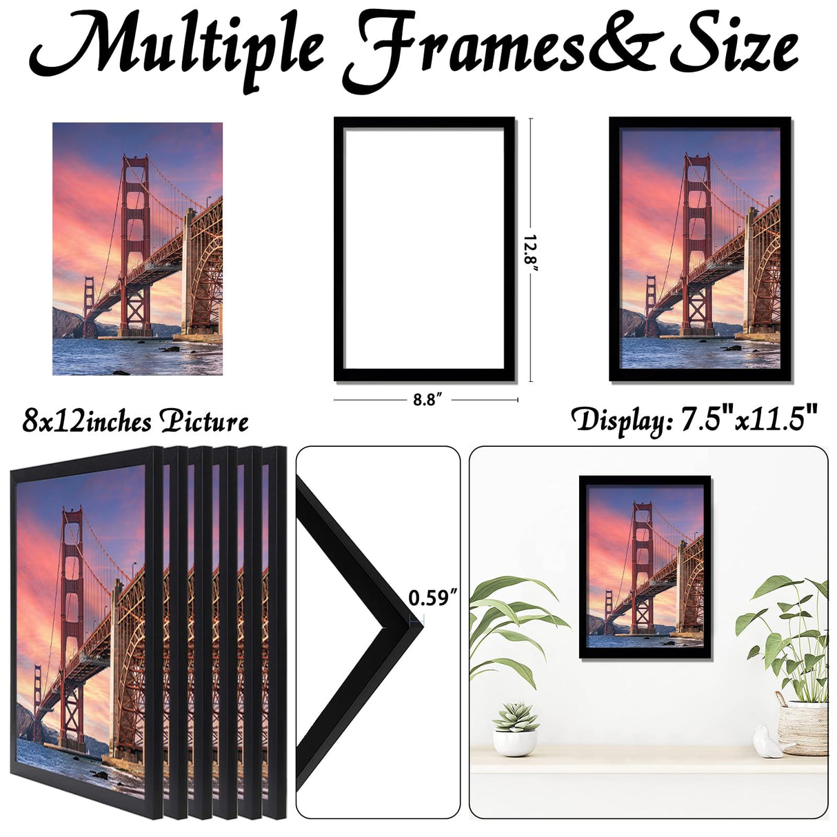 ijuerybai 6 Sets 8x12 Picture Frame, Frames for 8 x 12 Canvas Collage Photo Poster Certificate Wall Gallery, High Transparent Horizontal Vertical Black 8 by 12 Inches ijuerybai