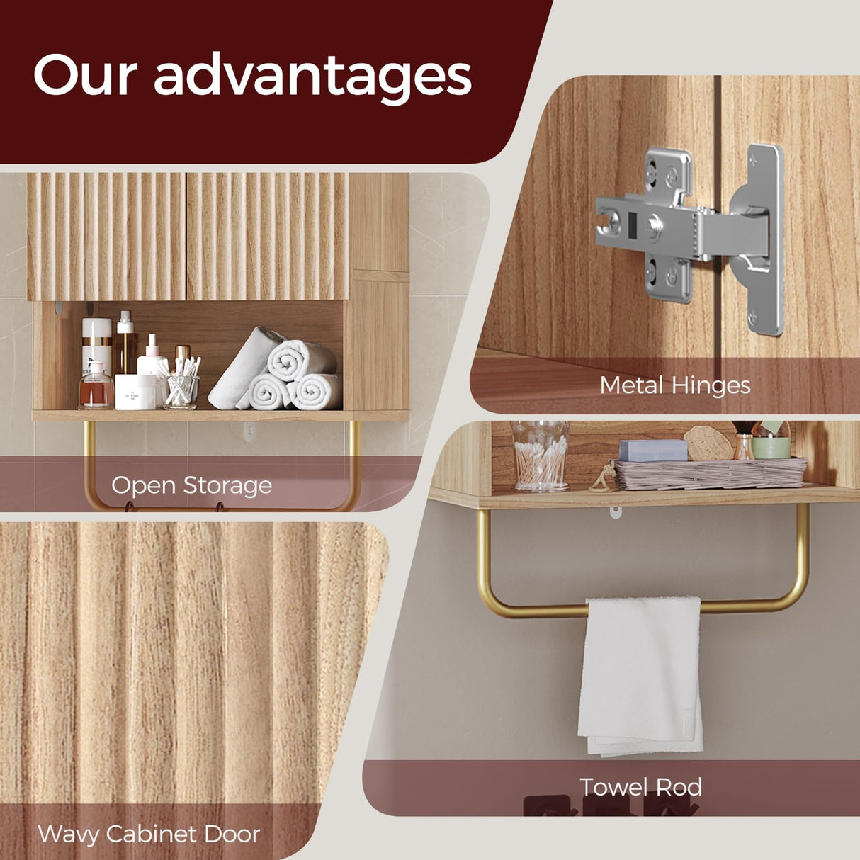 MAHANCRIS Bathroom Wall Cabinet, Wall Mounted Medicine Cabinets with Towel Bar & Adjustable Shelf, Over The Toilet Space Saver Storage Cabinet with 2 Doors, for Bathroom Laundry Room Kitchen, Natural MAHANCRIS