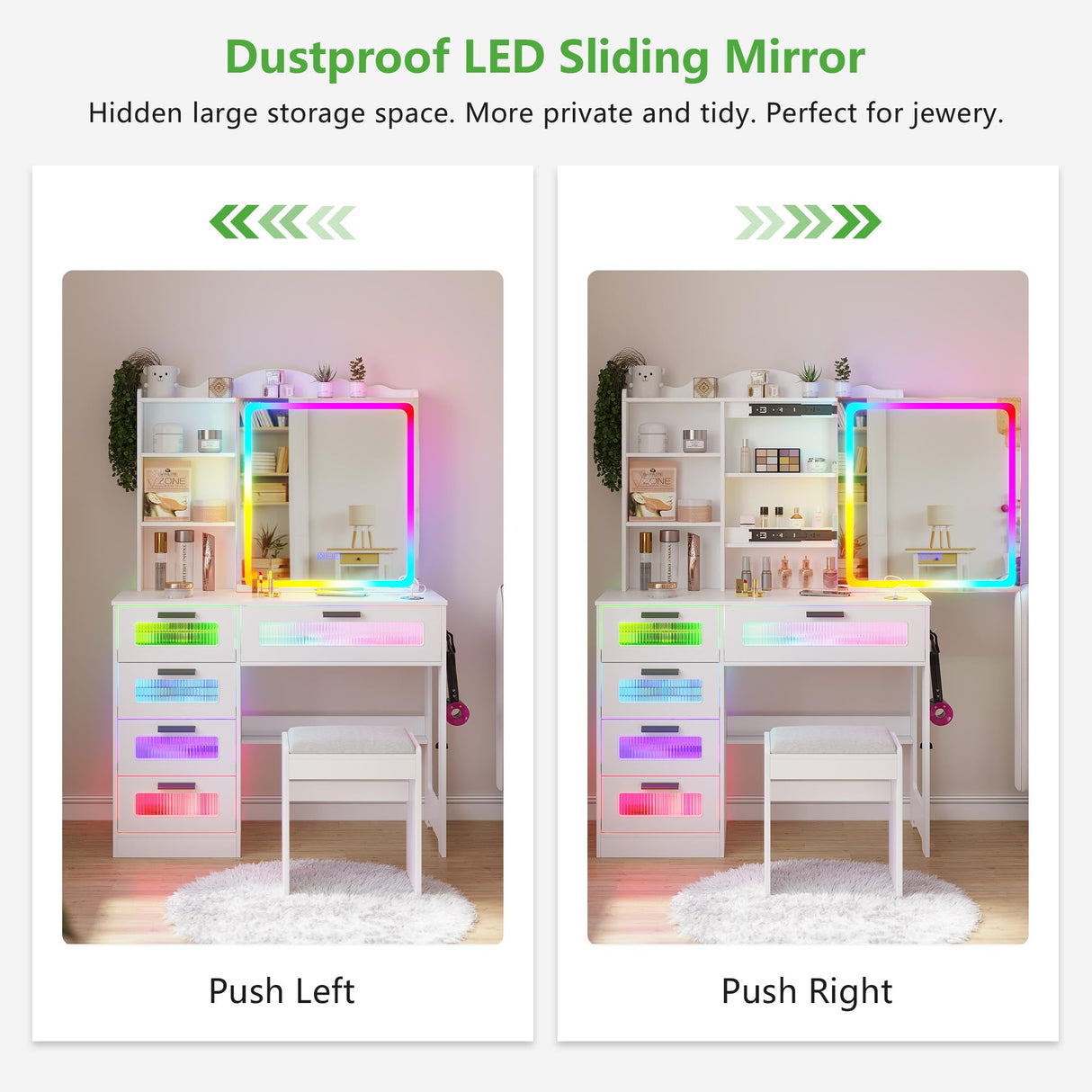 HNEBC Vanity Desk with Sliding Mirror and LED Lights, RGB Vanitys with Charging Station, Makeup Vanity with Remote Control, White Dresser with Stool/Lager Drawers for Bedroom (White) HNEBC