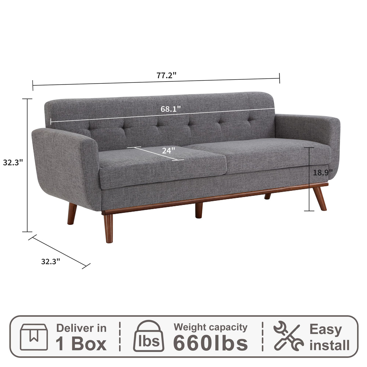 Kingfun 77.2" W Loveseat Sofa, Mid Century Modern Decor Love Seat Couches for Living Room, Button Tufted Upholstered Furniture, Solid & Easy to Install Small Couch for Bedroom Office Apartment, Gray Kingfun