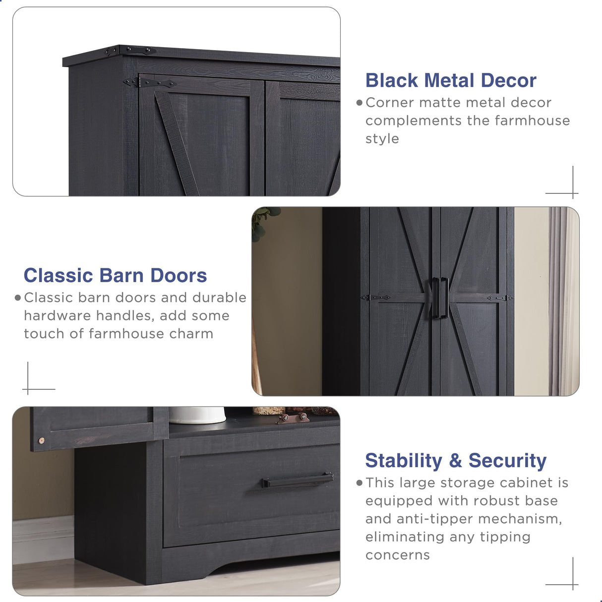 JXQTLINGMU 72" Tall Farmhouse Kitchen Pantry with Adjustable Shelves, Wood Storage Cabinet with Drawer & 2 Barn Doors, Versatile Storage for Dining Room, Bathroom, Living Room, Antique Black JXQTLINGMU