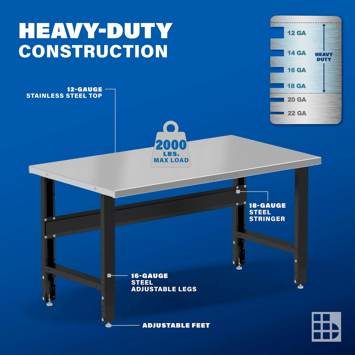 Borroughs 60" Adjustable Workbench, Stainless Steel Top Heavy-Duty Workstation, 2000 LB Capacity Worktable for Workshop, Garage, School, Office, Home, 60" W x 28" D Borroughs