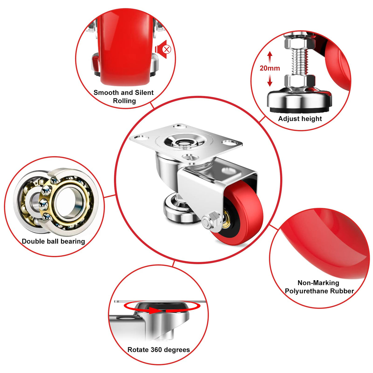 Homhoo 2" Leveling Plate Caster Wheels with Adjustable Anti-Vibration Leveling Foot Pad Heavy Duty Swivel casters for Workbench, Machine Equipment, Furniture Red Set of 4 Total Capacity 1100 Lbs Homhoo