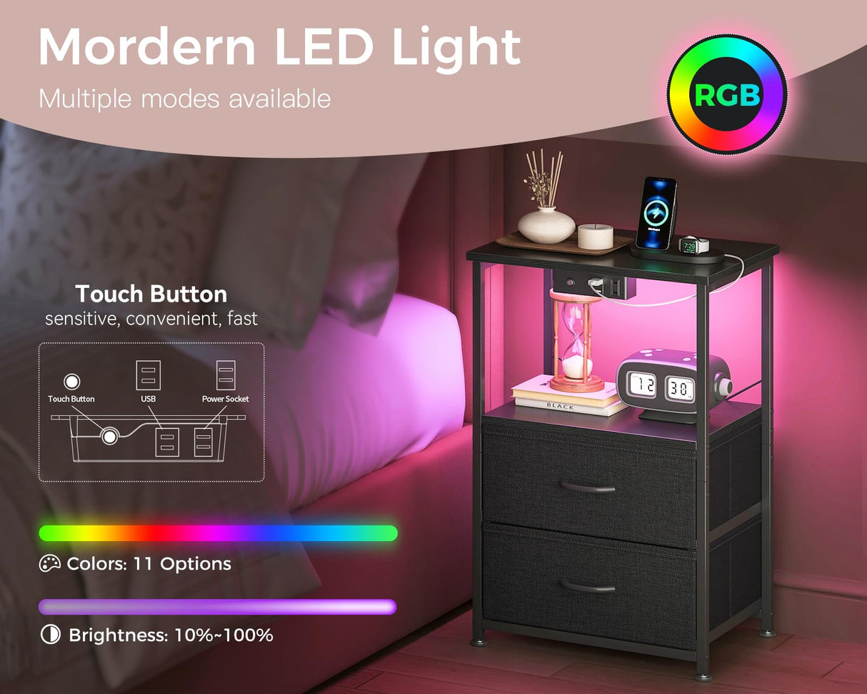 Casaottima Night Stand with Charging Station and LED Lights, End Table for Bedroom with 2 Fabric Drawers, Small Nightstand with Storage Shelf, Bed Side Bedside Table, Black Casaottima