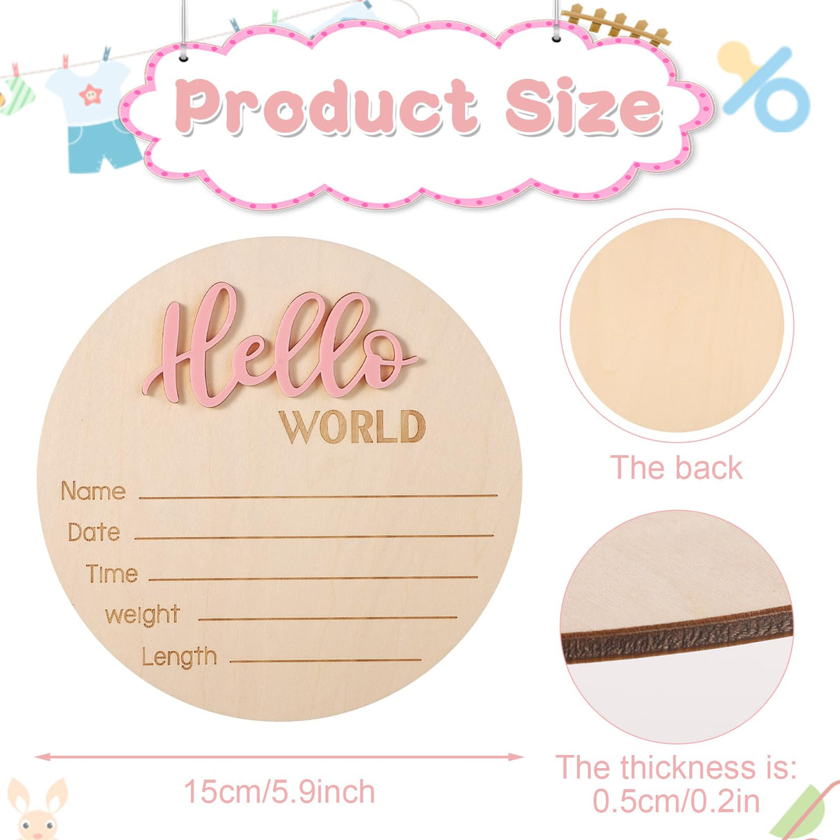 Newborn Announcement Sign, 5.9in Wooden Hello World Sign Baby Welcome Sign Birth Baby Name Plaques for Newborn Boys and Girls Photo Props Baby Shower Hospital Nursery (Light Pink) NQEUEPN
