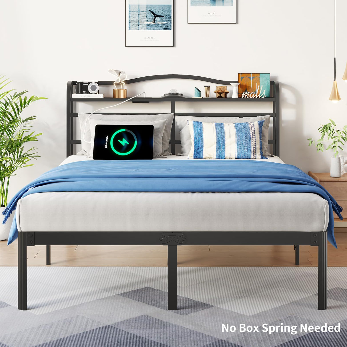 UOMEUR Queen Size Bed Frames with Smart Outlet and Galaxy Holographic Projection Lights,47.6" H Heavy Duty Metal Headboard,17" Hidden Storage,No Box Spring Needed/Noise-Free/Easy Assembly UOMEUR