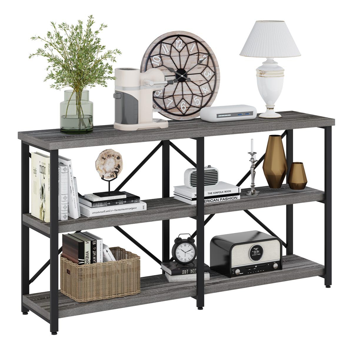 BON AUGURE 55 Inch Console Tables for Entryway, Industrial Sofa Tables for Living Room, 3 Tier Behind Couch Table, Modern Entryway Tables for Foyer (Dark Grey Oak) BON AUGURE