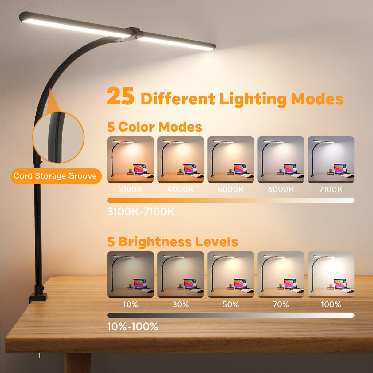 APMIEK LED Desk Lamp for Home Office, Remote Control Computer Desk Light Bright Table Lamp for Study Dimmable Desk Lighting with Clamp Adjustable Gooseneck, Double Head, 24W, Black APMIEK