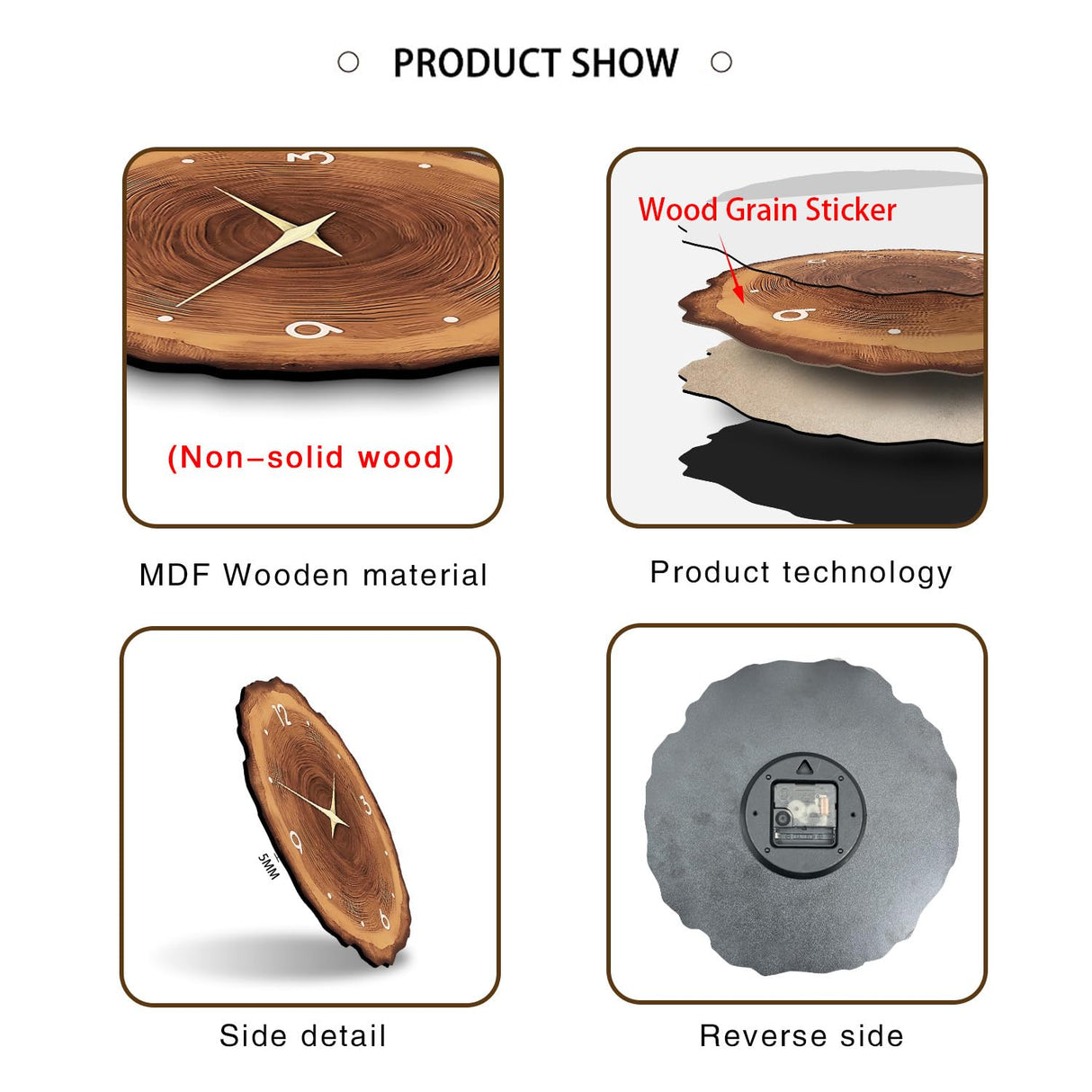 XNM MDF Wood Wall Clock for Living Room Decor - Rustic Wall Clocks Battery Operated 12 Inch - Brown Annual Ring Wall Clock Non Ticking (No Solid Wood) XNM