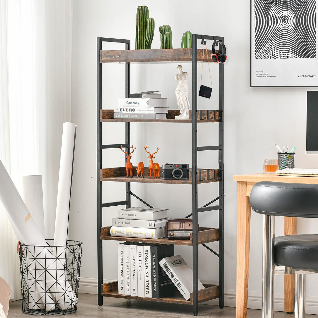 HCHQHS Rustic Brown 5-Tier Adjustable Open Bookcase with Industrial Metal Accents HCHQHS