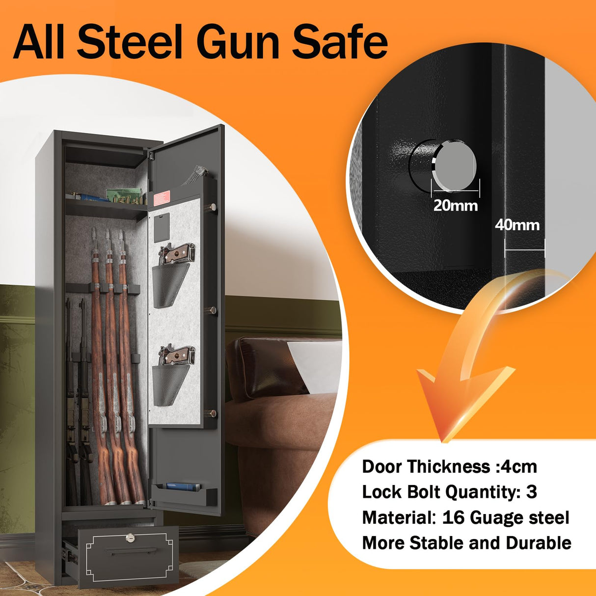 SAPITAL 6 Gun Safe,Gun Safes for Home Rifle and Pistols,Gun Cabinet,Rifle Safe,Gun Cabinet for Rifles and Shotguns,Gun Safes & Cabinets with Drawer and Removable Shelf (6 Gun Safe - Digital) SAPITAL