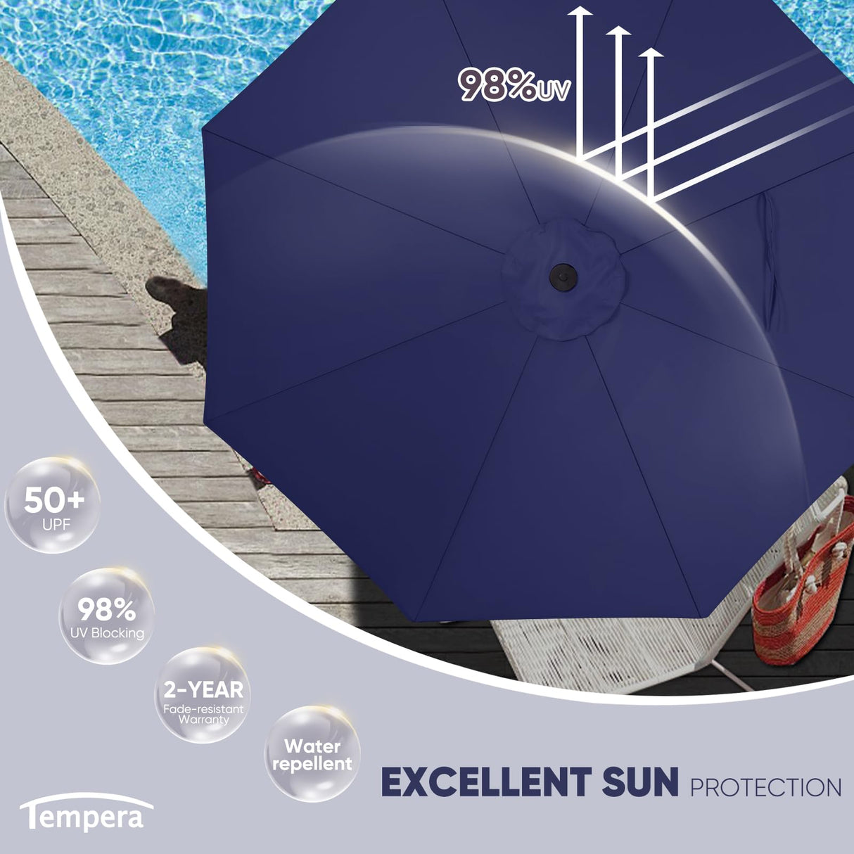 Tempera 10FT Patio Market Outdoor Table Umbrella with Auto Tilt and Crank,Large Sun Umbrella with Sturdy Pole&Fade resistant canopy,Easy to set, NAVY Tempera