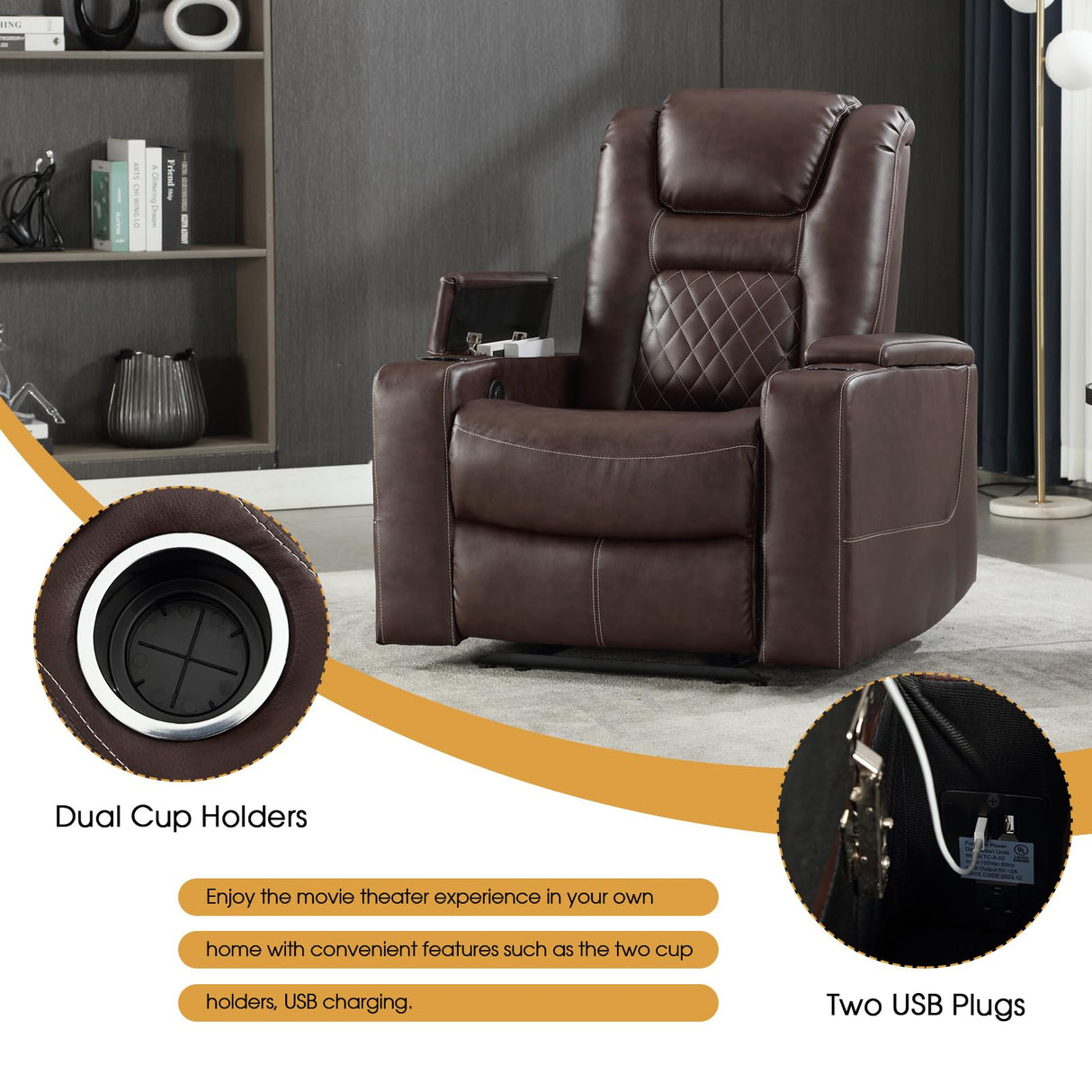 CANMOV Electric Power Recliner Chair with USB Ports and Cup Holders, Breathable Leather Home Theater Seating with Hidden Arm Storage (Red Brown) CANMOV