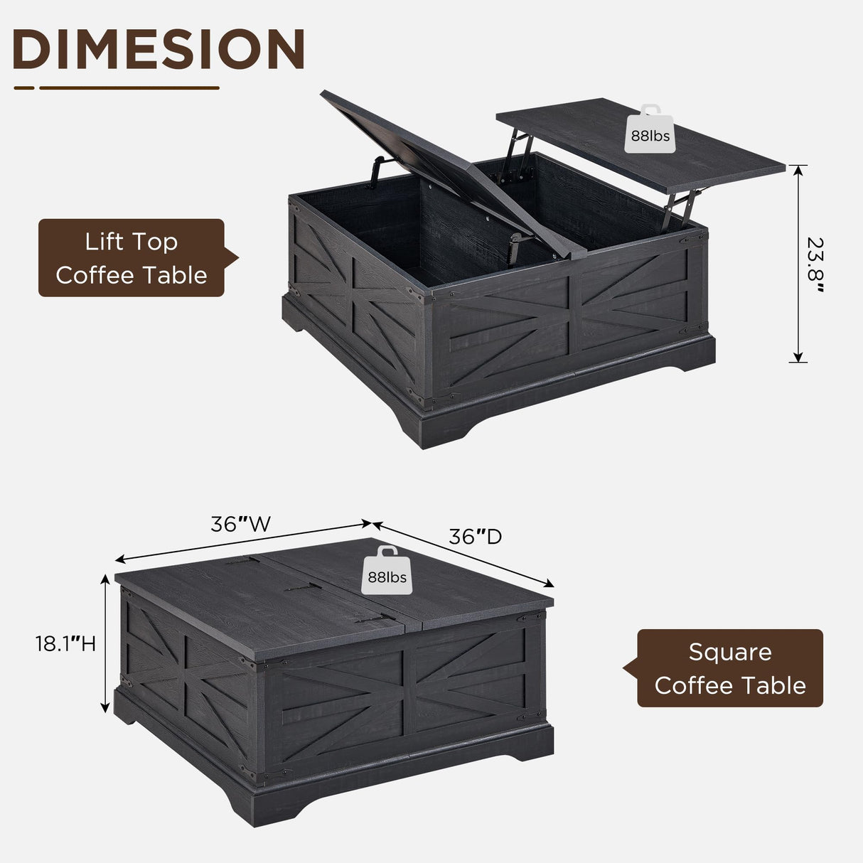 JXQTLINGMU Farmhouse Lift Top Coffee Table with Storage, 36" Wood Square Center Table with Large Hidden Compartment, Rustic Lift Tabletop Dining Table for Home Living Room, Black JXQTLINGMU