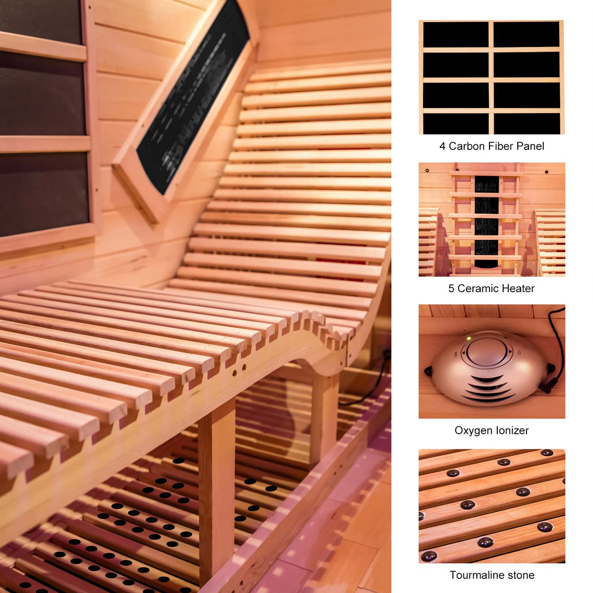 ZONEMEL Far Infrared 2 Person Wooden Sauna Room with Recliner, Canadian Hemlock Luxury Indoor Sauna with 9 Heating Panels, Oxygen Bar, 3400 Watt, Infrared Therapy Wood Dry Heat Sauna, 220V ZONEMEL