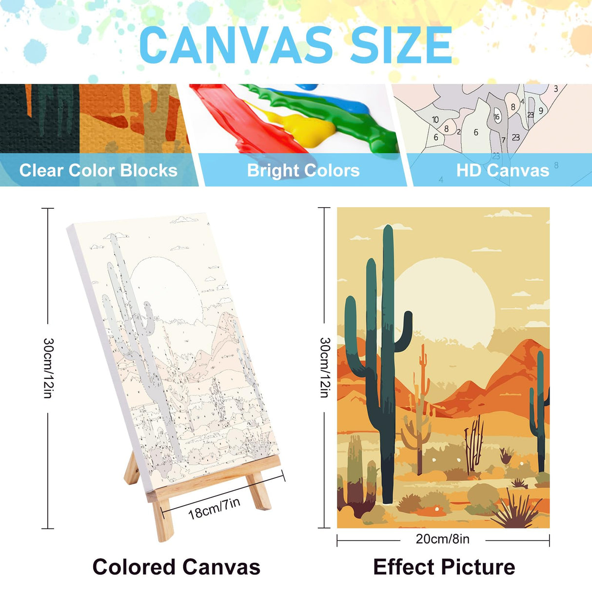Offito 4 Pack Framed Paint by Numbers Kit for Adults Beginners with Wooden Easel, Cactus Easy Paint by Number Kit with Frame, Watercolor Adult Paint by Number Framed Canvas (8 * 12 Inch) Offito
