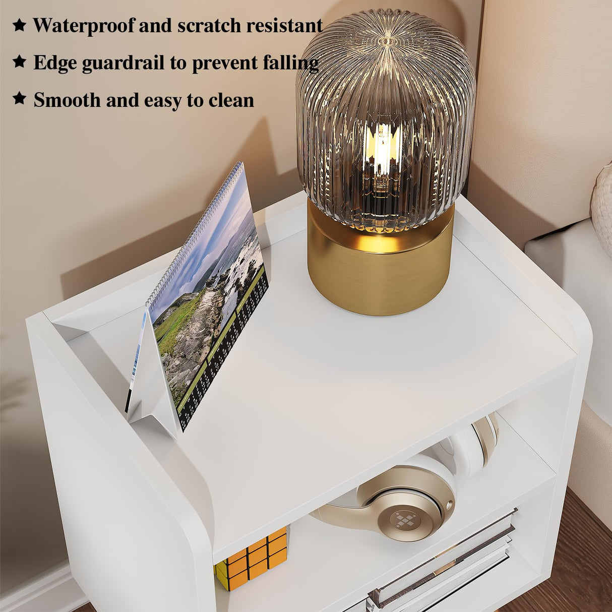 LUCKNOCK Night Stand, Modern Bedside Tables, Mid Century Nightstands with Open Storage Shelf, Wood Bedside Table, Small Night Stands for Bedroom, 3-Tier Night Table, White. LUCKNOCK