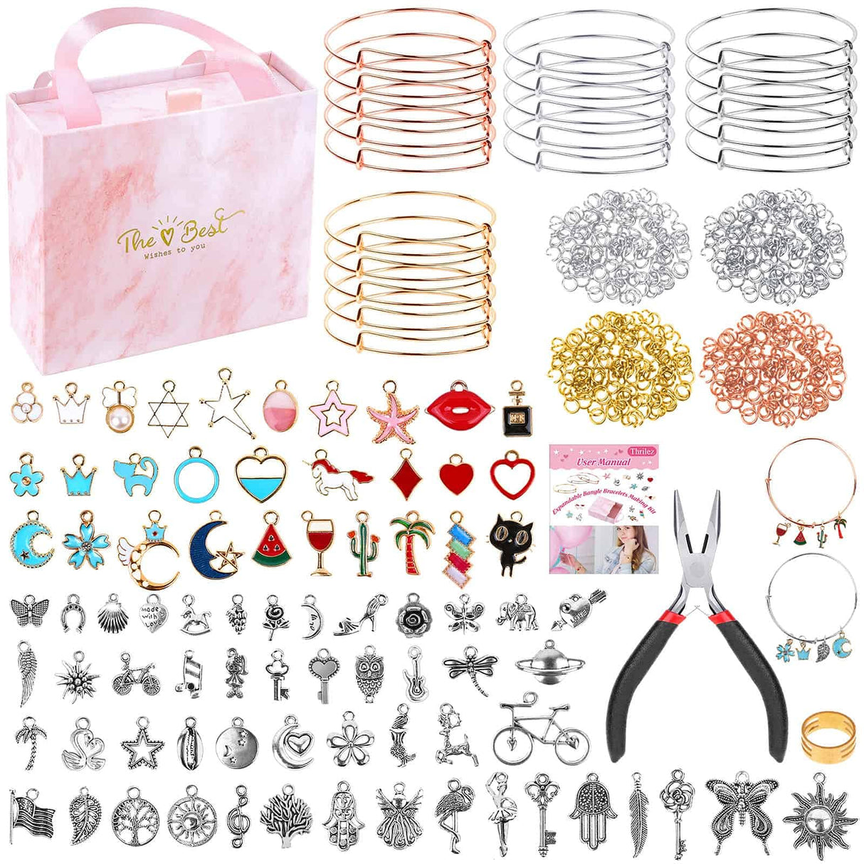 Thrilez 300Pcs Charm Bangle Bracelets Making Kit with Expandable Bangles, Charms, Jump Rings and Pliers for Jewelry Making Bangle Bracelets (with Gift Box and Tools) Thrilez