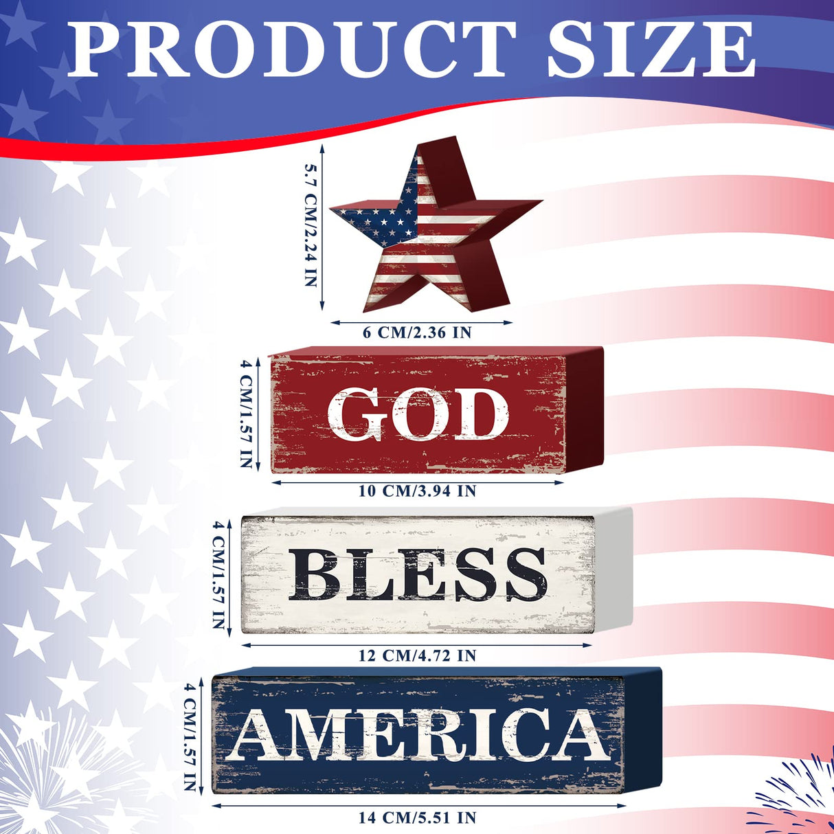 Huquary 4 Pcs Farmhouse 4th of July Patriotic Table Sign Independence Day Table Wood Decorations Patriotic Themed Rustic Farmhouse Wood Block Sign for Party Home Desk (Flag) Huquary