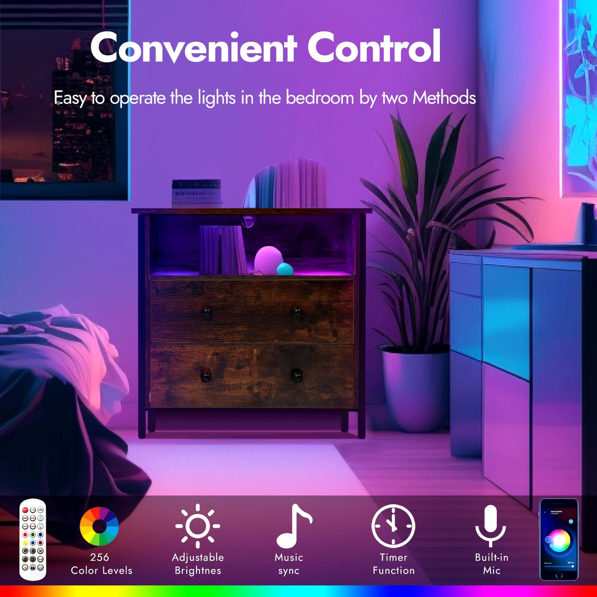 Tykacna 27 Inch Wide Night Stand, Wooden Night Stand with 2 Drawers, LED Nightstands with Charging Station and Adjustable Drawer for Living Room/Bedroom/Study/Office Nightstand, Retro Brown. Tykacna